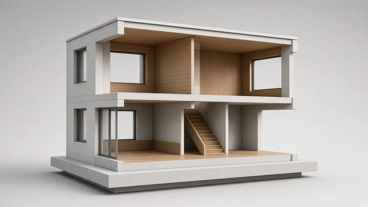 Product render of a cutaway building — walls, windows, a stair, and two storeys. Not a client project.