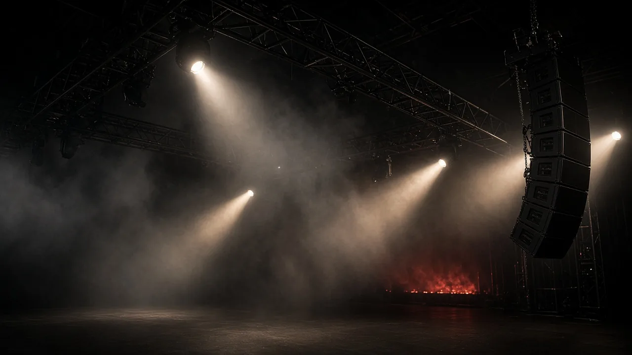 Product render of stage rigging — truss, spotlights, and a line array. Not a client project.