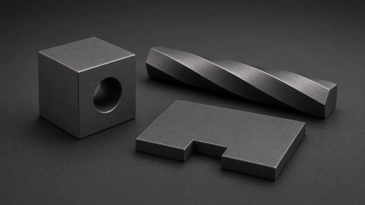 Product render of three solids — a holed cube, a twist, and a notched plate. Not a client project.
