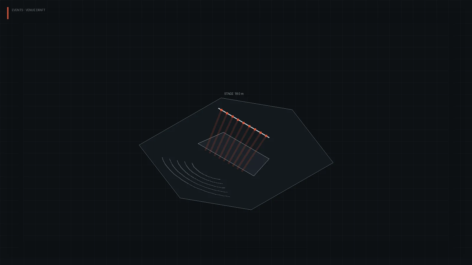 Venue drafting still — stage, seating, and truss in quiet graphite