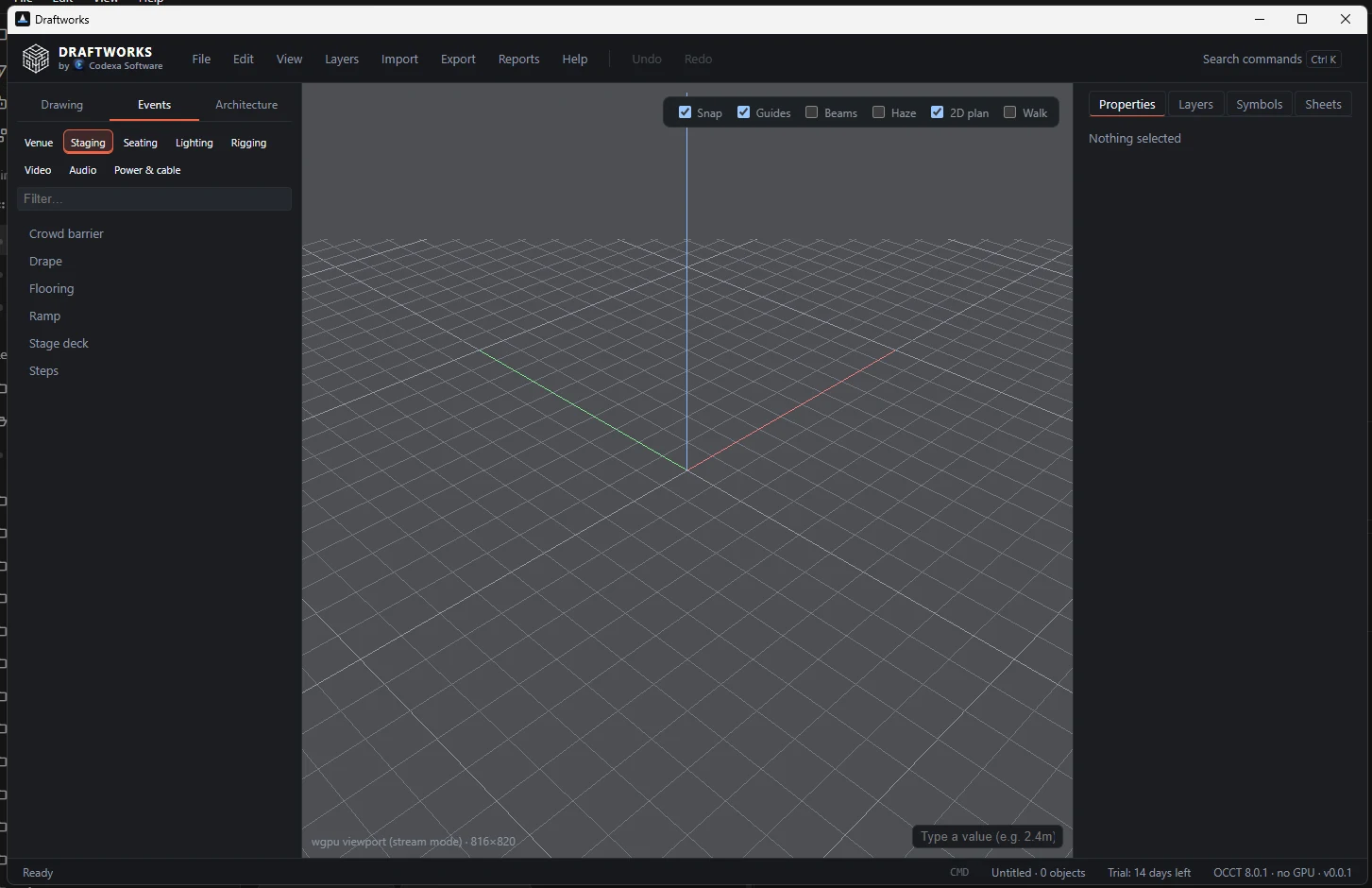 Draftworks window — Drawing, Events, and Architecture beside the viewport