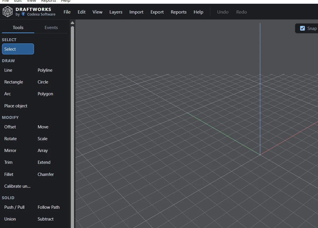Draftworks Tools panel and 3D viewport